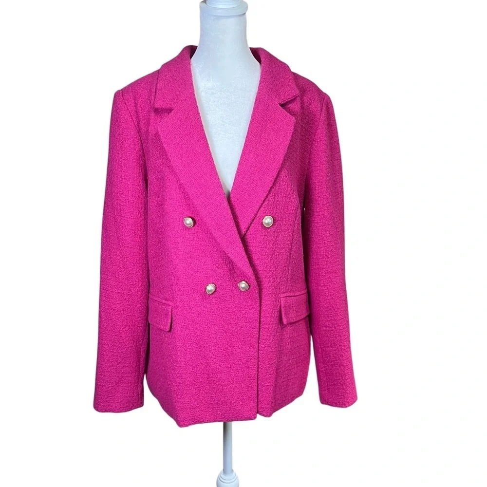 Nanette Lepore Pink Boucle Tweed Double Breasted Blazer Jacket Coat Sz 16 NEW - Picture 2 of 13